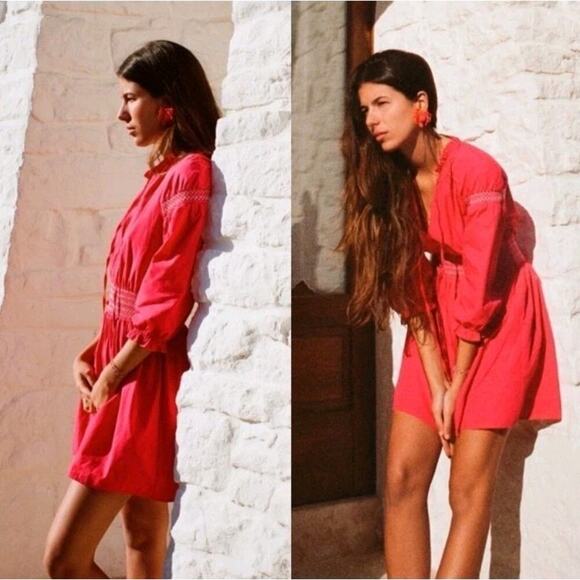 Zara Fuschia Pink Smocked Embroidered Puff Sleeve Tassels Mini Dress Size Large‎ - Picture 3 of 10